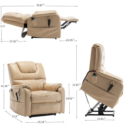 Beige PU Leather Power Lift Recliner, Massage, Flat Lay