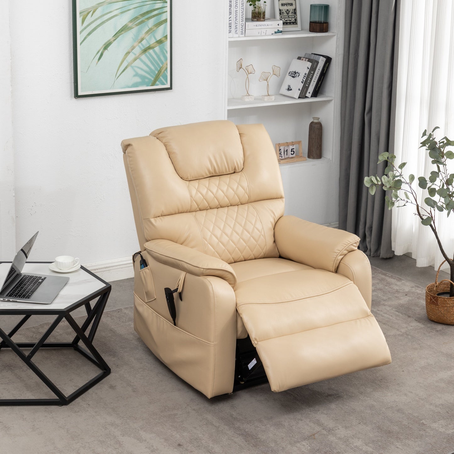 Beige PU Leather Power Lift Recliner, Massage, Flat Lay