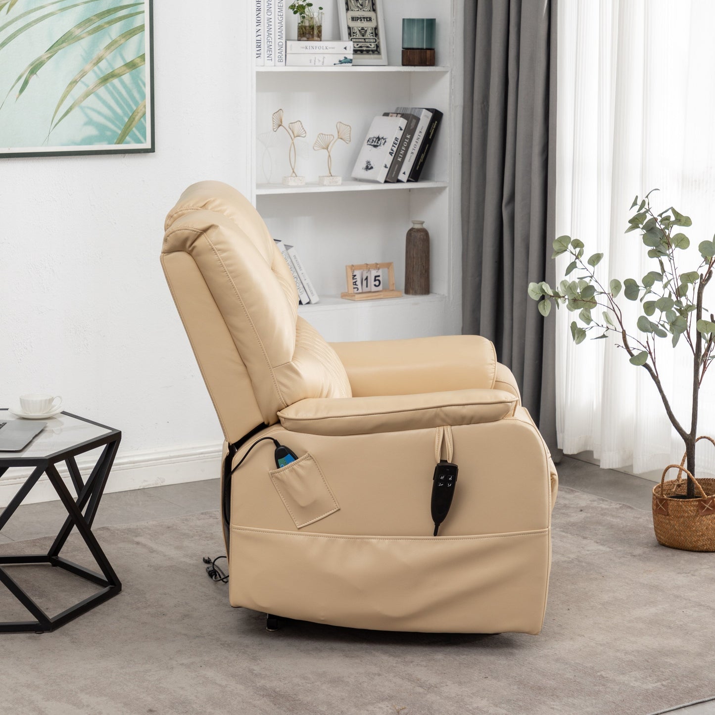 Beige PU Leather Power Lift Recliner, Massage, Flat Lay