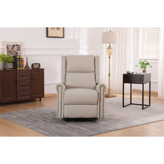 Beige PU Leather Upholstered 360Â° Swivel Manual Recliner with Adjustable Backrest and Footrest, Nailhead decoration