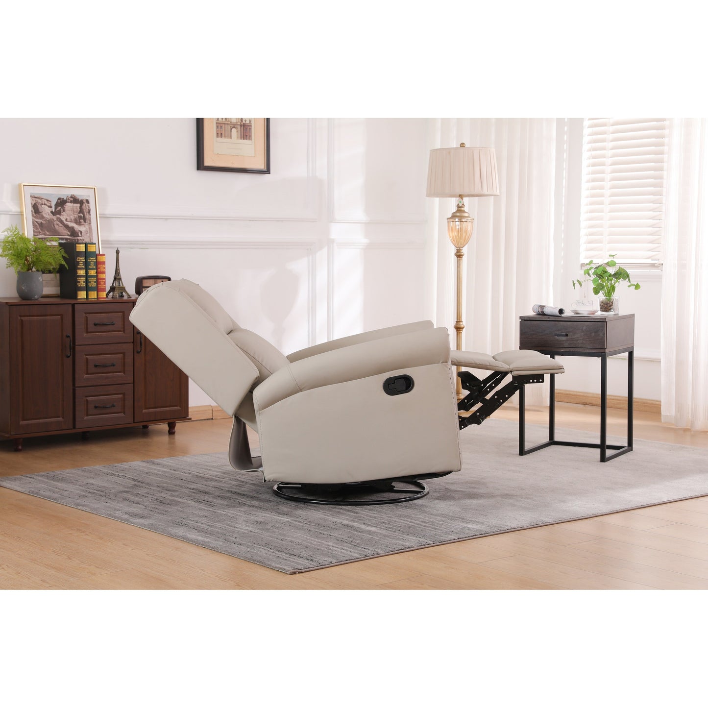 Beige PU Leather Upholstered 360Â° Swivel Manual Recliner with Adjustable Backrest and Footrest, Nailhead decoration