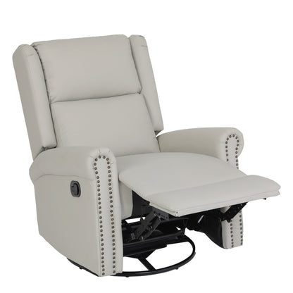 Beige PU Leather Upholstered 360Â° Swivel Manual Recliner with Adjustable Backrest and Footrest, Nailhead decoration