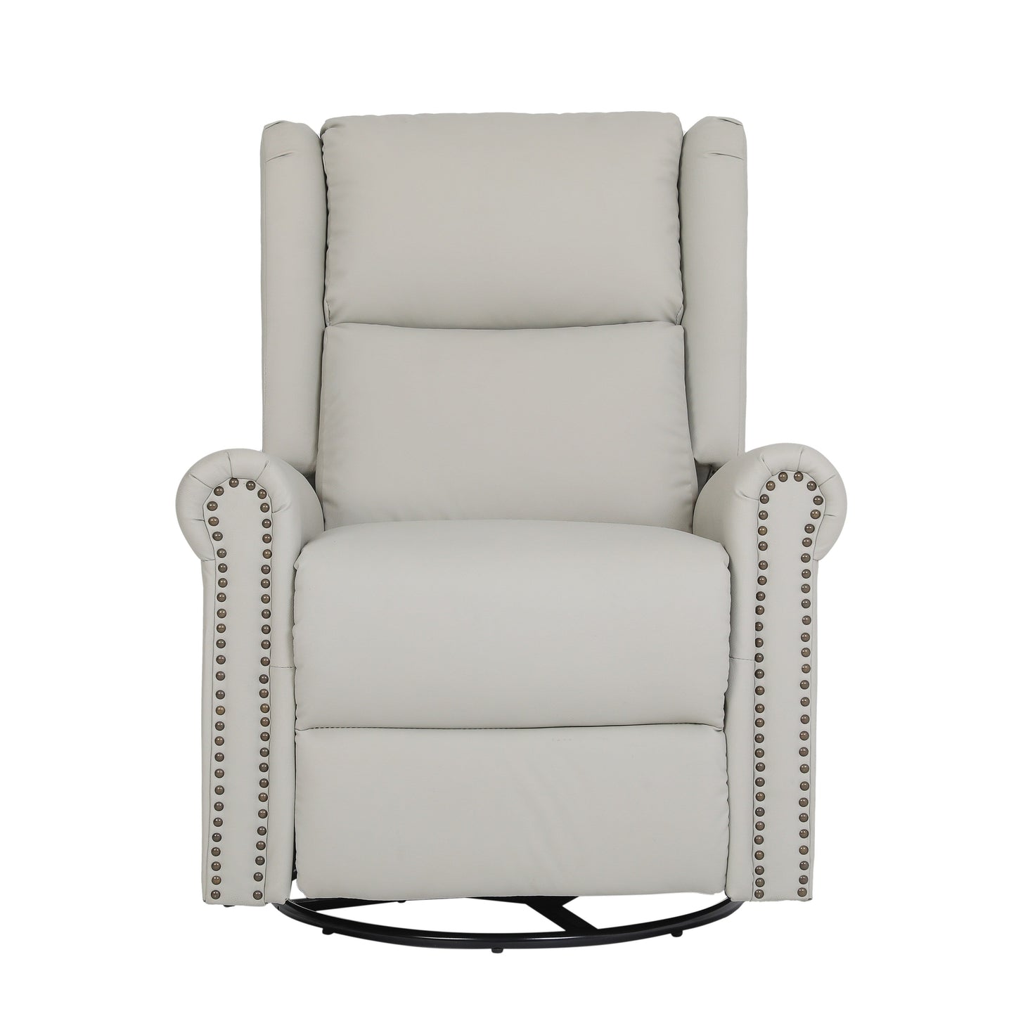 Beige PU Leather Upholstered 360Â° Swivel Manual Recliner with Adjustable Backrest and Footrest, Nailhead decoration