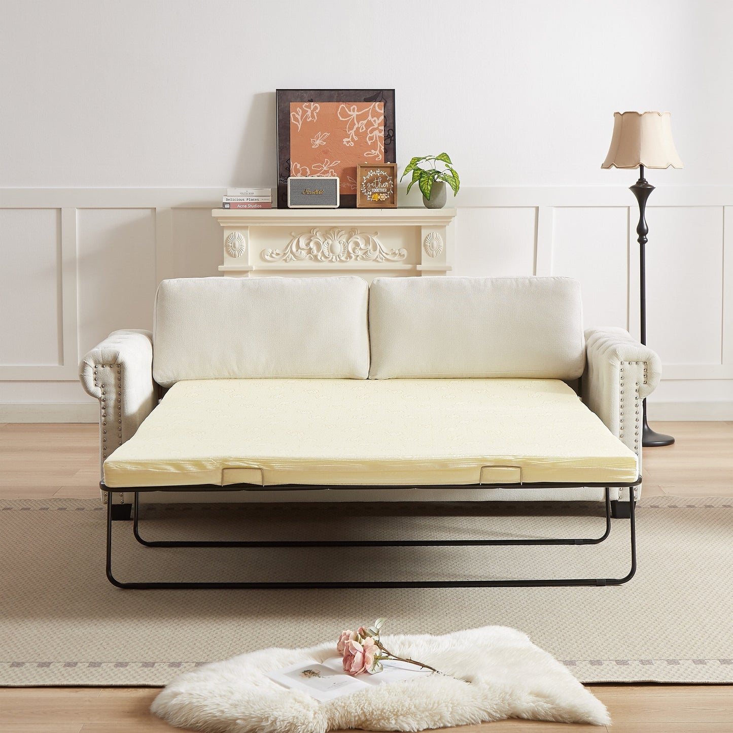 Beige Polyester 3-seater Convertible Pullout Sofa Bed