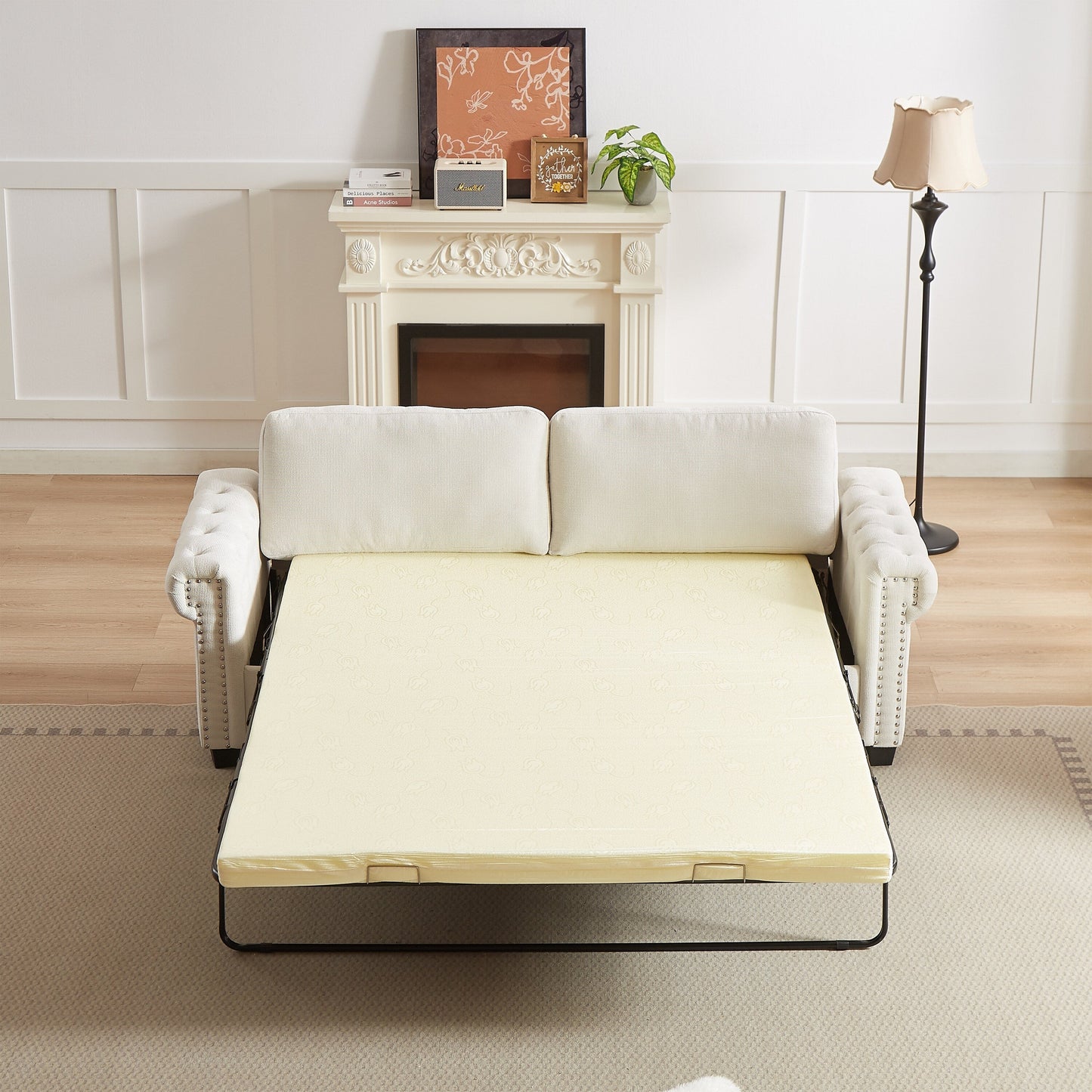 Beige Polyester 3-seater Convertible Pullout Sofa Bed