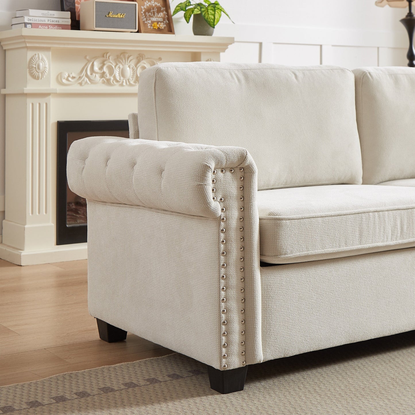Beige Polyester 3-seater Convertible Pullout Sofa Bed