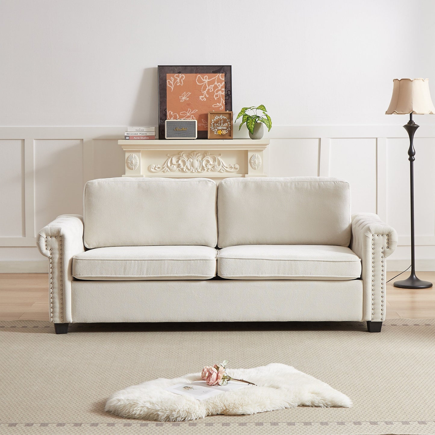 Beige Polyester 3-seater Convertible Pullout Sofa Bed