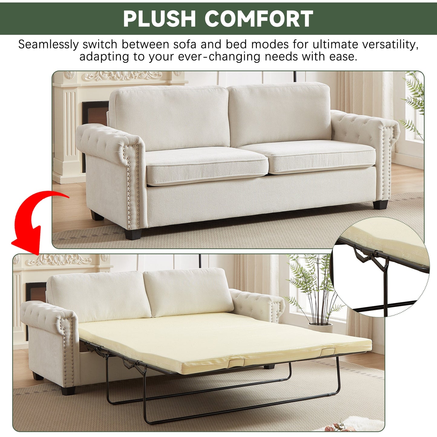 Beige Polyester 3-seater Convertible Pullout Sofa Bed