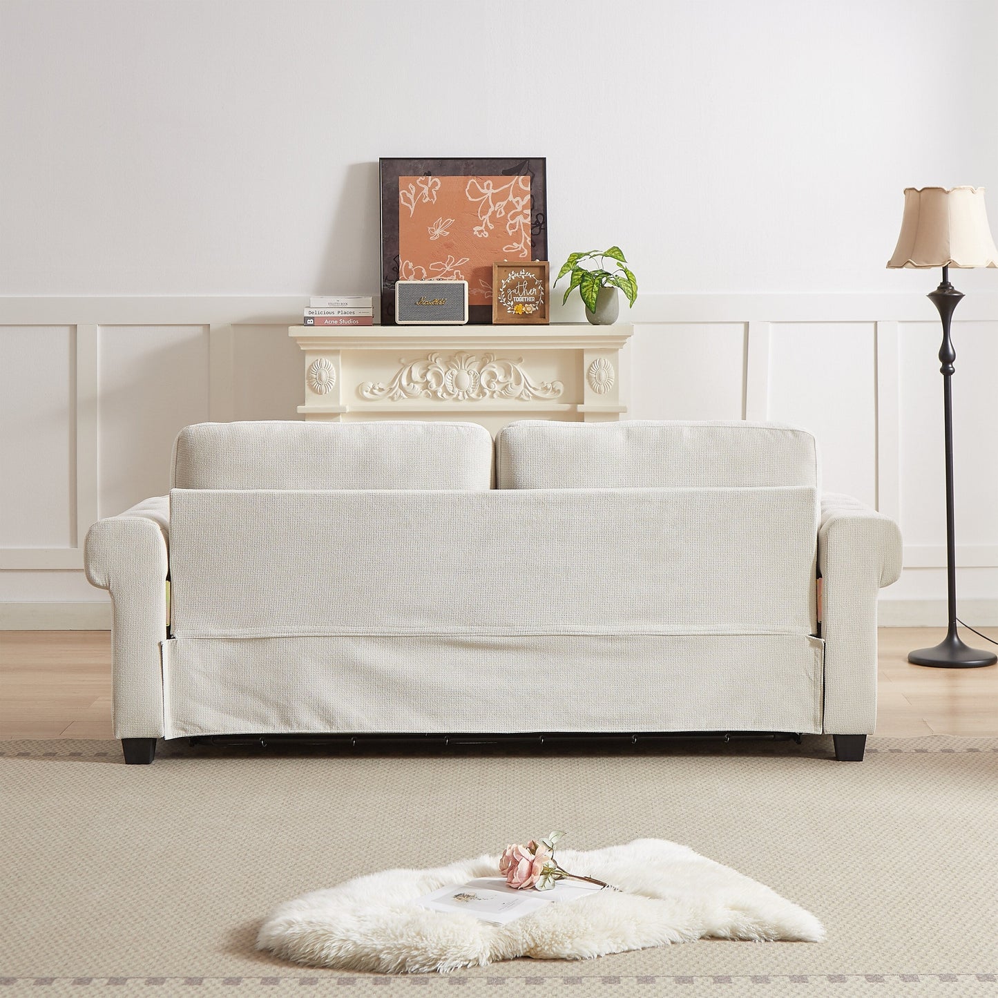 Beige Polyester 3-seater Convertible Pullout Sofa Bed