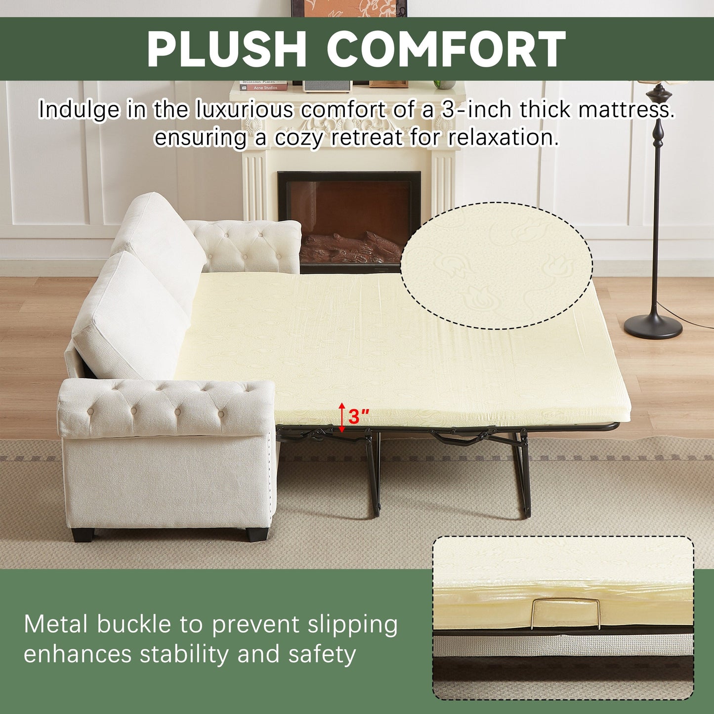 Beige Polyester 3-seater Convertible Pullout Sofa Bed