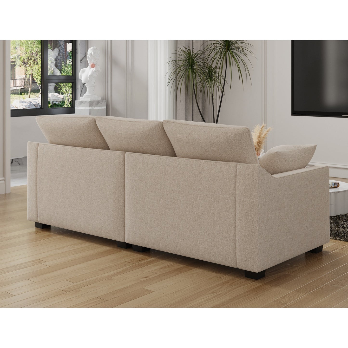 Beige Polyester 3-seater Sofa with Pillows and Wood Legs