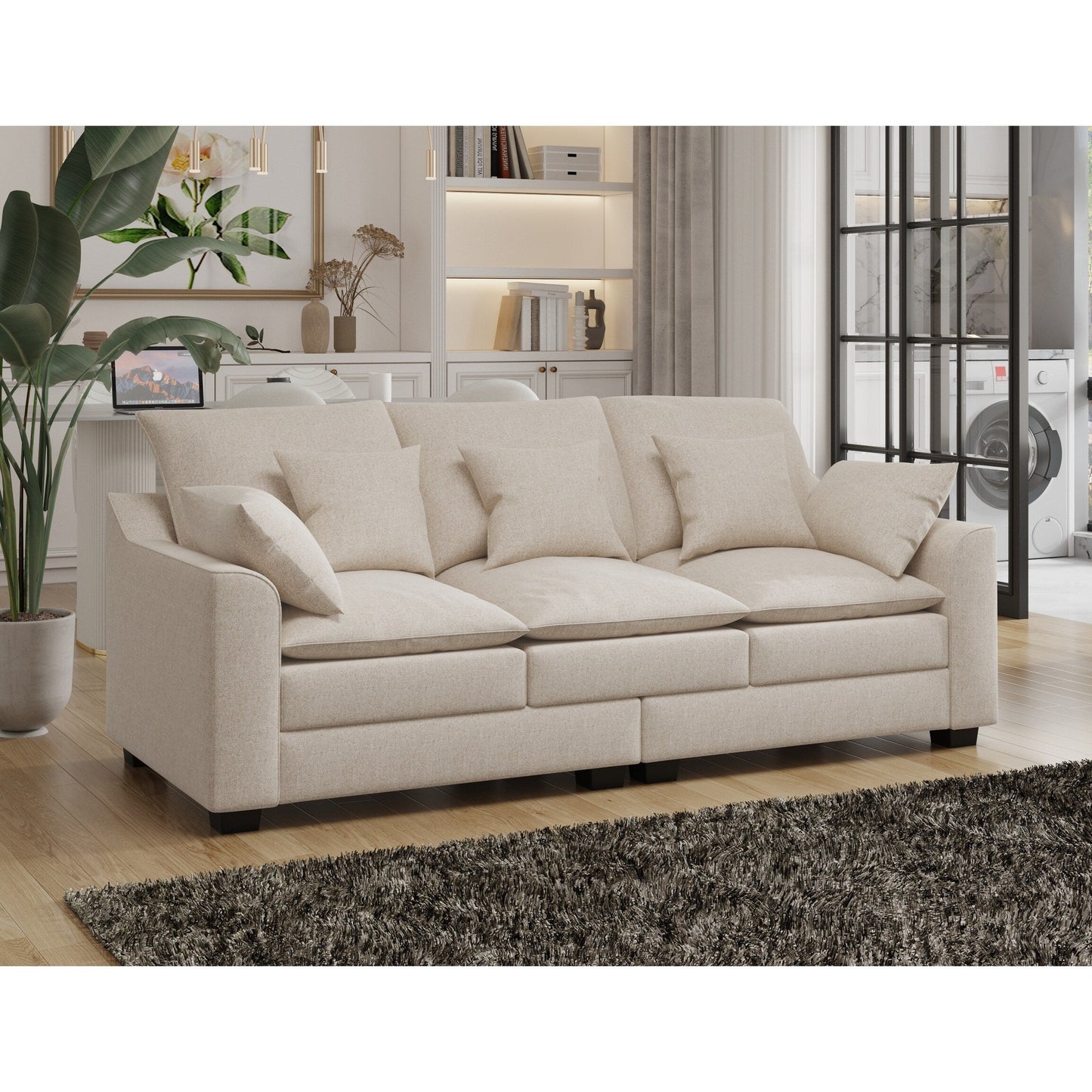 Beige Polyester 3-seater Sofa with Pillows and Wood Legs