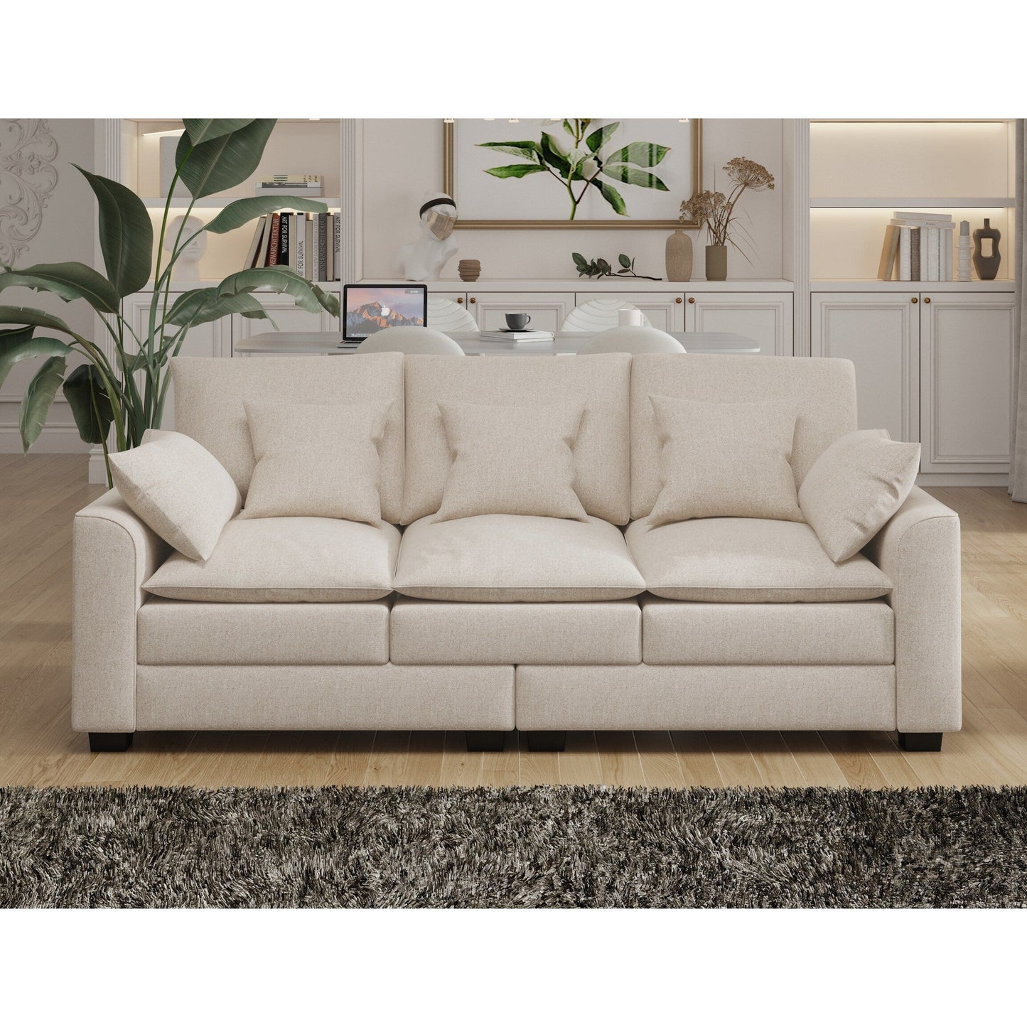 Beige Polyester 3-seater Sofa with Pillows and Wood Legs