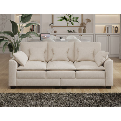 Beige Polyester 3-seater Sofa with Pillows and Wood Legs