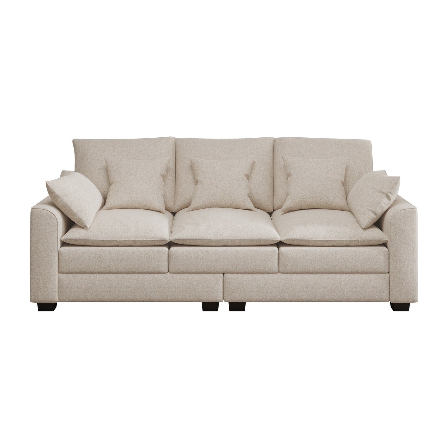 Beige Polyester 3-seater Sofa with Pillows and Wood Legs