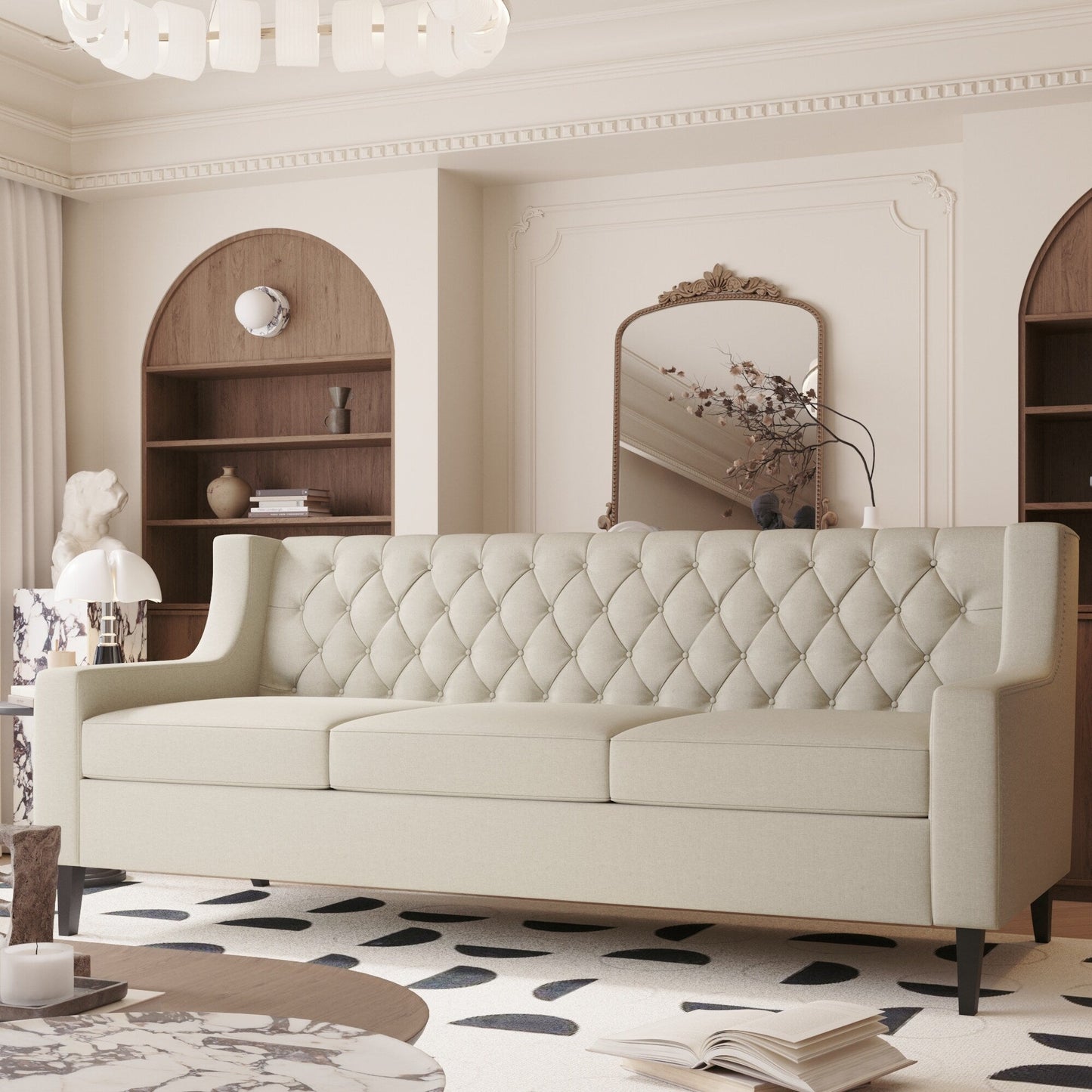 Beige Polyester 3-seater Sofa with Tufted Backrest
