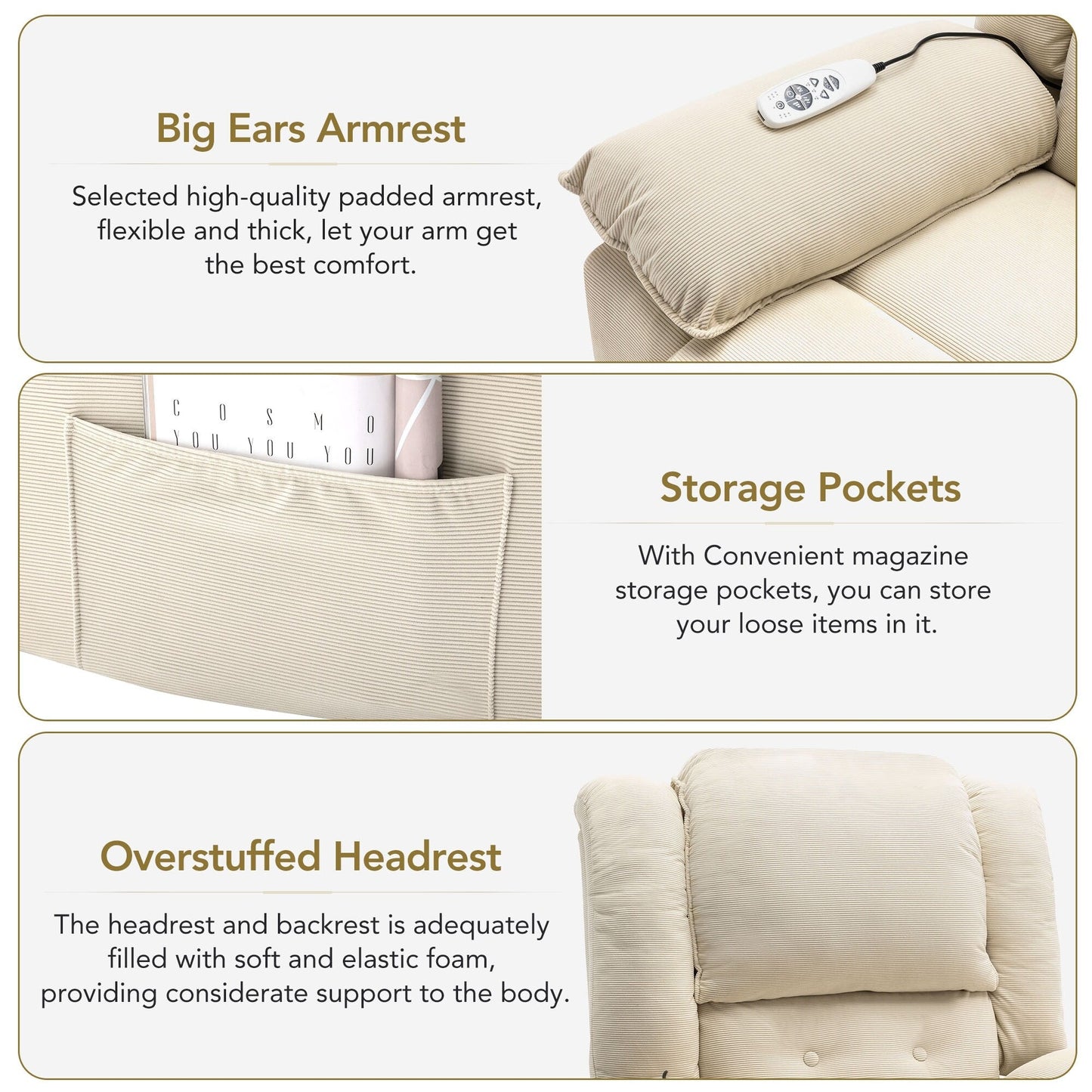 Beige Power Lift Recliner for Seniors with Massage, Heating, Adjustable Recline, Side Pockets, and Unlimited Positions