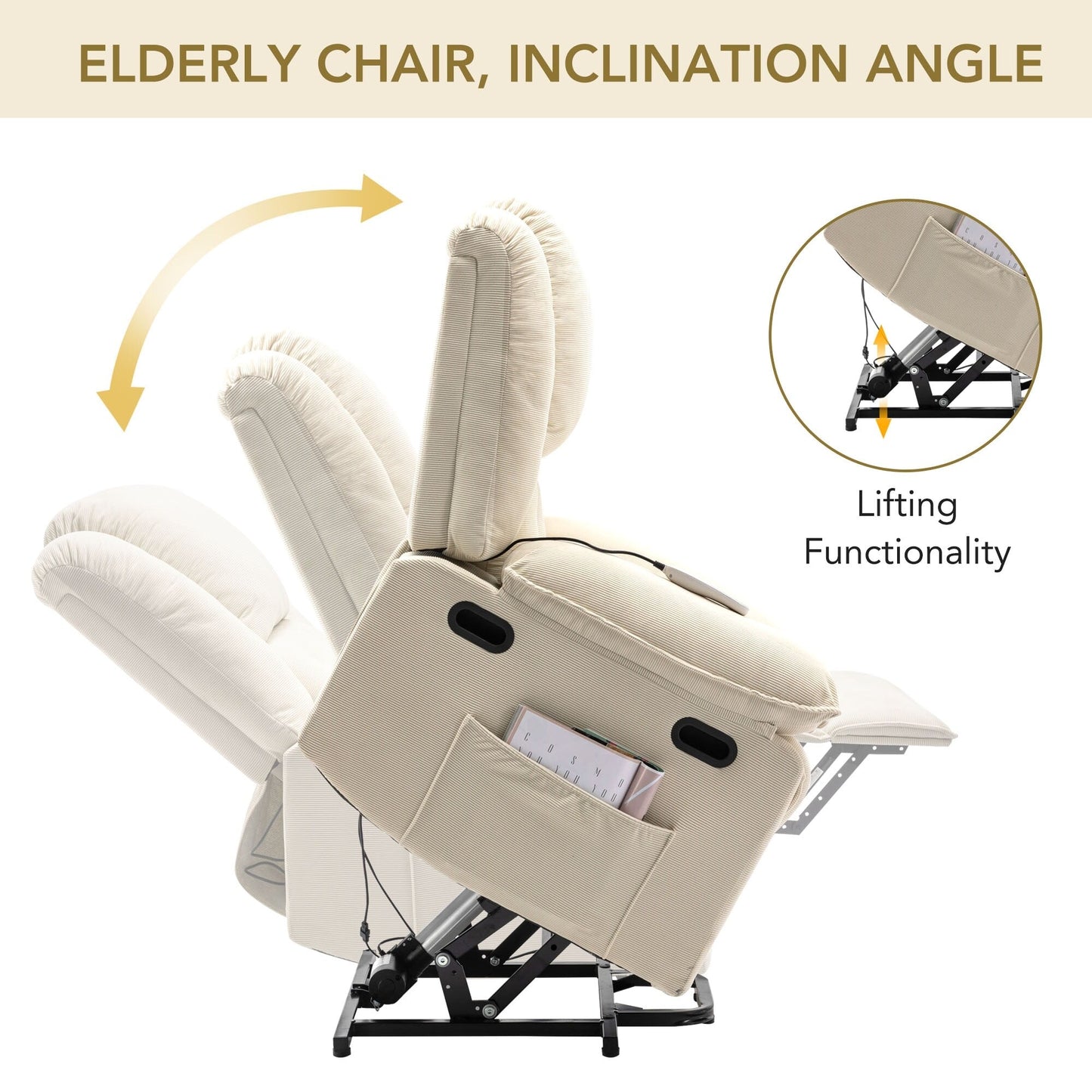 Beige Power Lift Recliner for Seniors with Massage, Heating, Adjustable Recline, Side Pockets, and Unlimited Positions