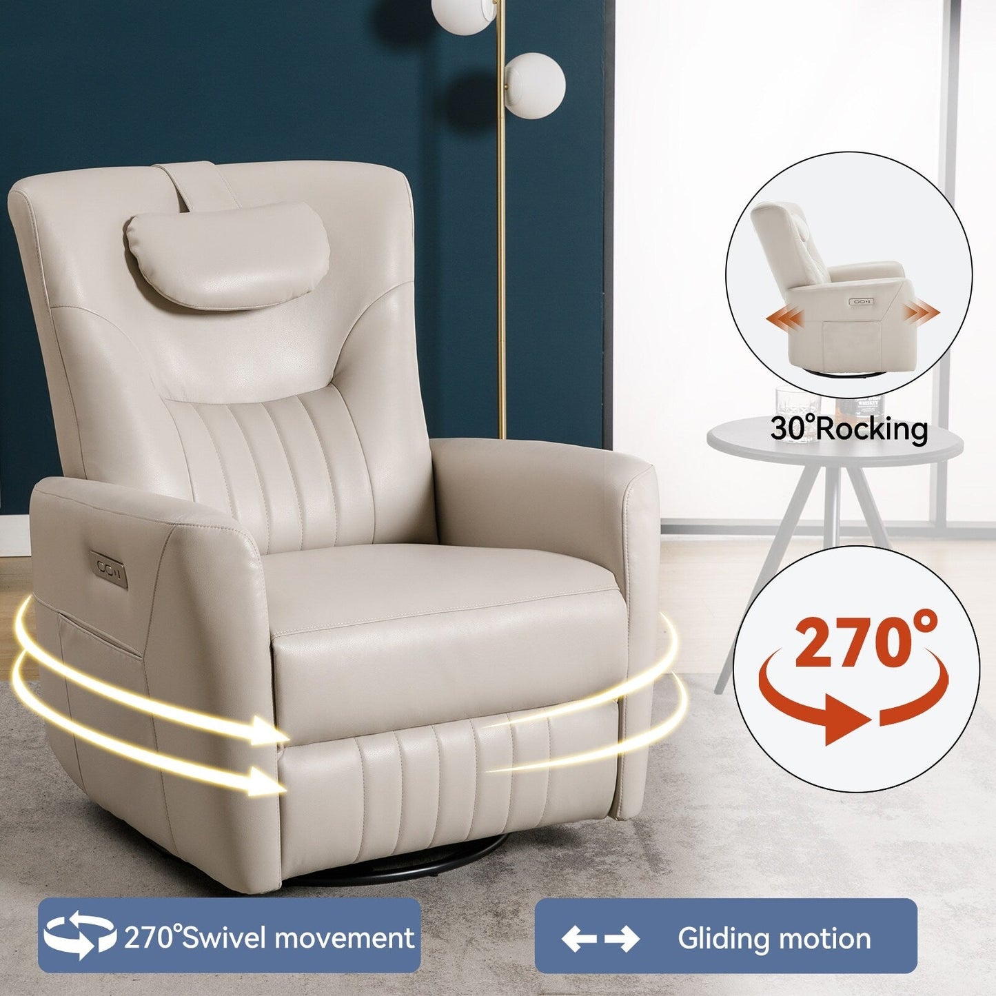 Beige Power Recliner with Swivel, Rocking Motion & Lumbar Pillow