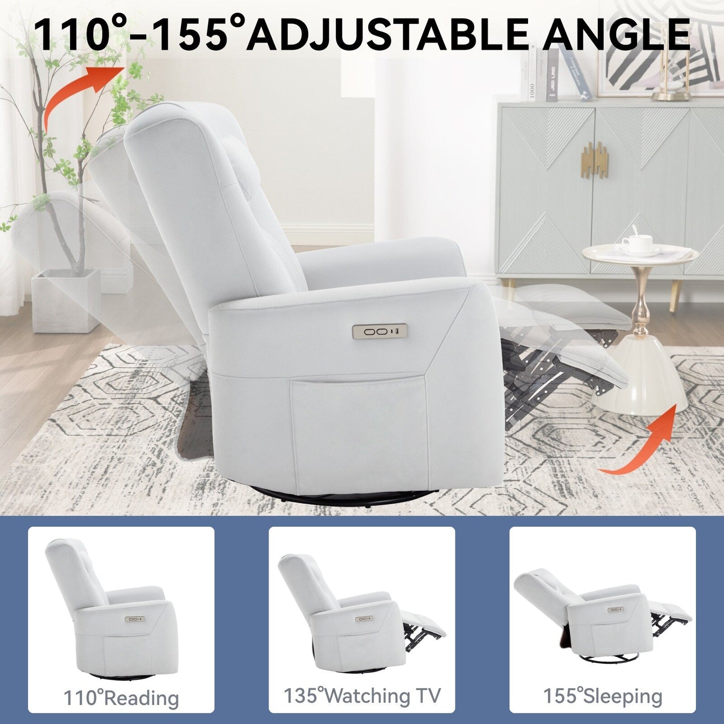 Beige Power Recliner with Swivel, Rocking Motion & Lumbar Pillow
