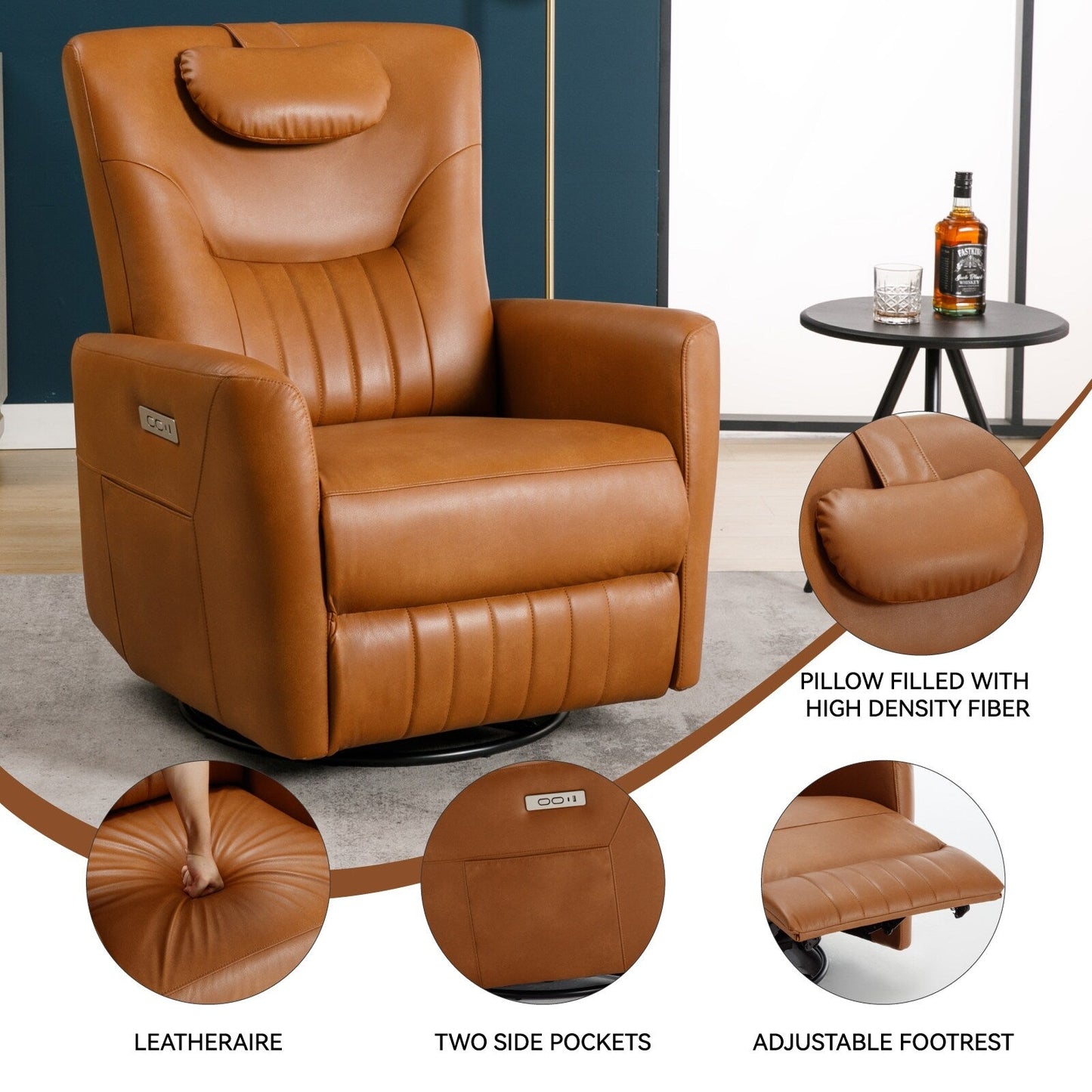 Beige Power Swivel Rocker Recliner with Lumbar Support and USB Ports