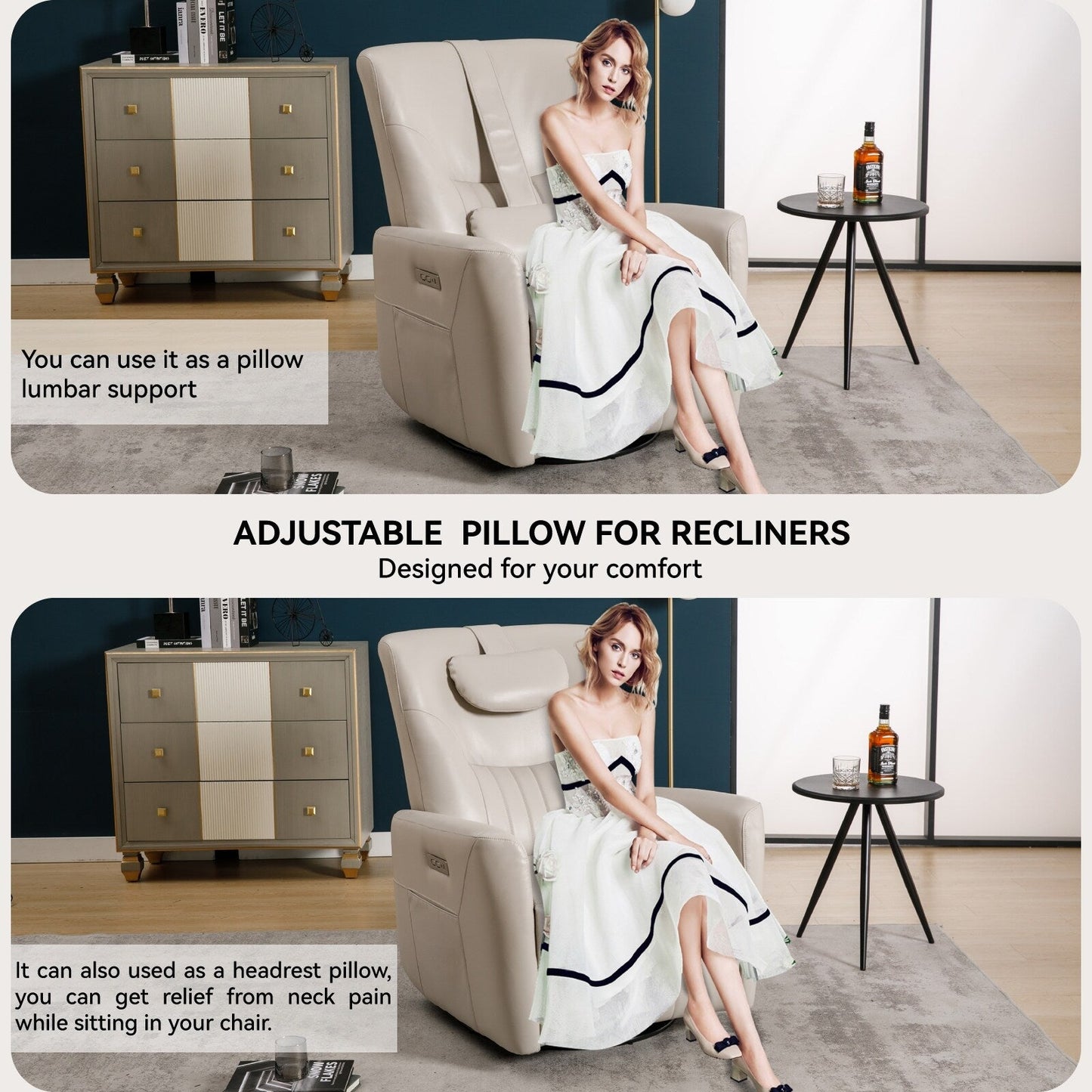 Beige Power Swivel Rocker Recliner with Lumbar Support and USB Ports