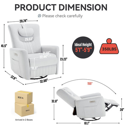 Beige Power Swivel Rocker Recliner with Lumbar Support and USB Ports