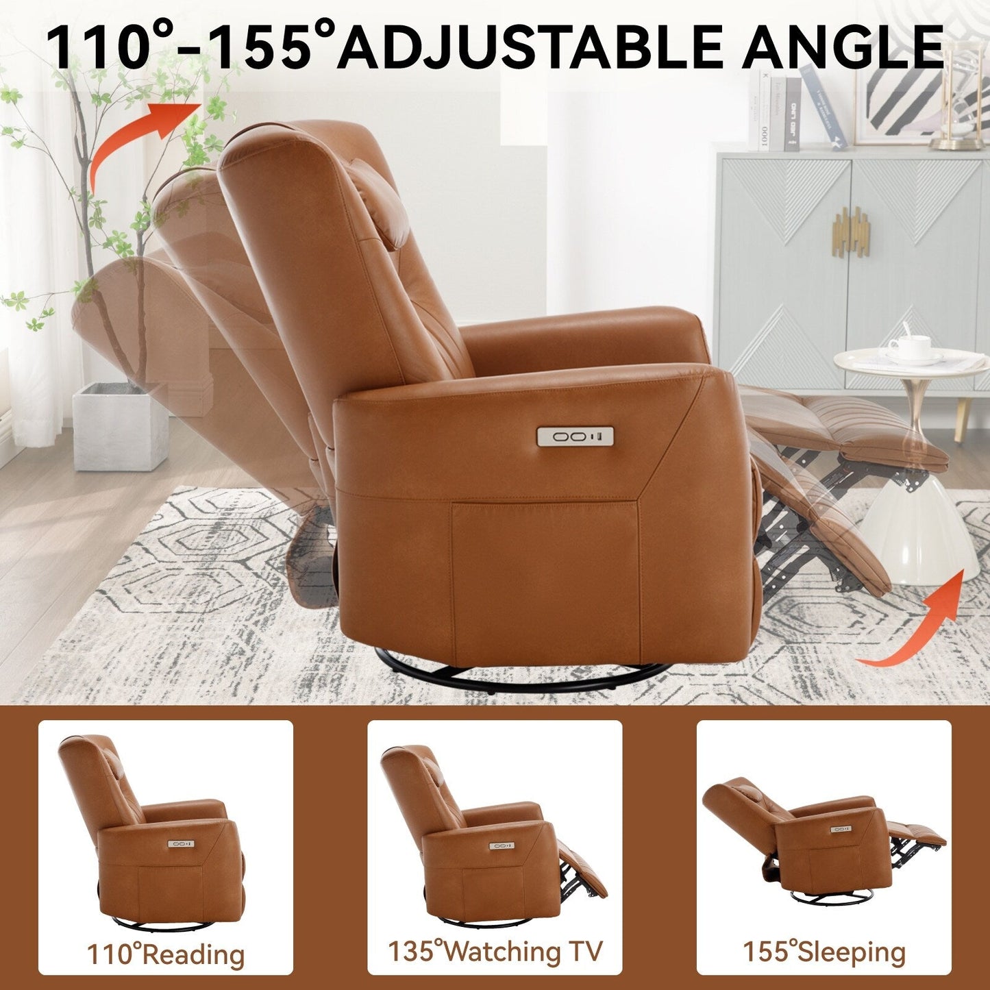 Beige Power Swivel Rocker Recliner with Lumbar Support and USB Ports