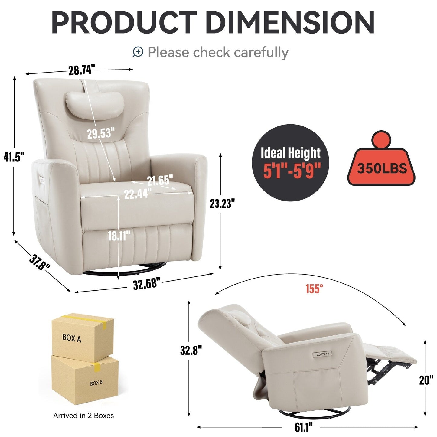 Beige Power Swivel Rocker Recliner with Lumbar Support and USB Ports