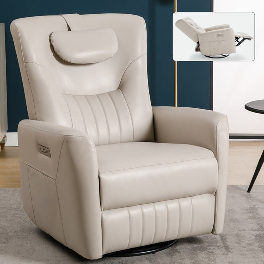Beige Power Swivel Rocker Recliner with Lumbar Support and USB Ports
