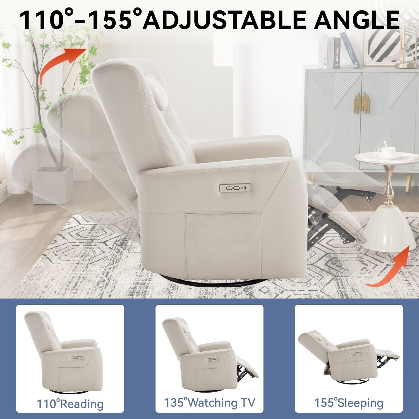 Beige Power Swivel Rocker Recliner with Lumbar Support and USB Ports