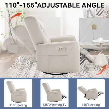 Beige Power Swivel Rocker Recliner with Lumbar Support and USB Ports