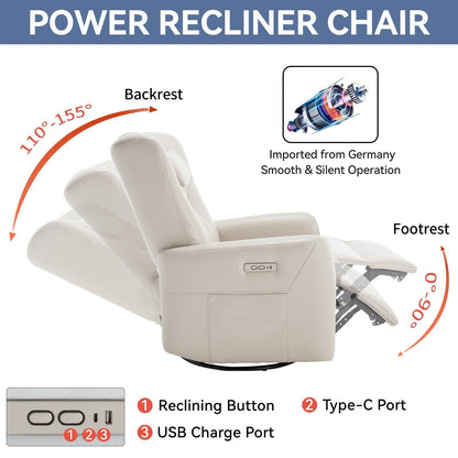 Beige Power Swivel Rocker Recliner with Lumbar Support and USB Ports