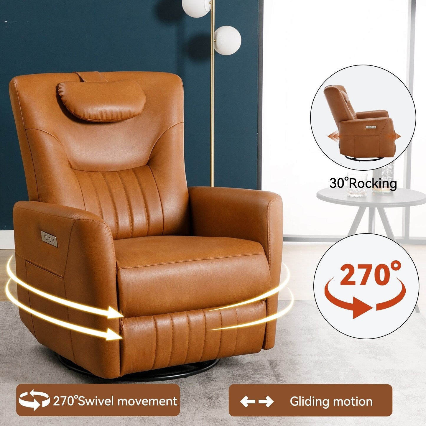 Beige Power Swivel Rocker Recliner with Lumbar Support and USB Ports