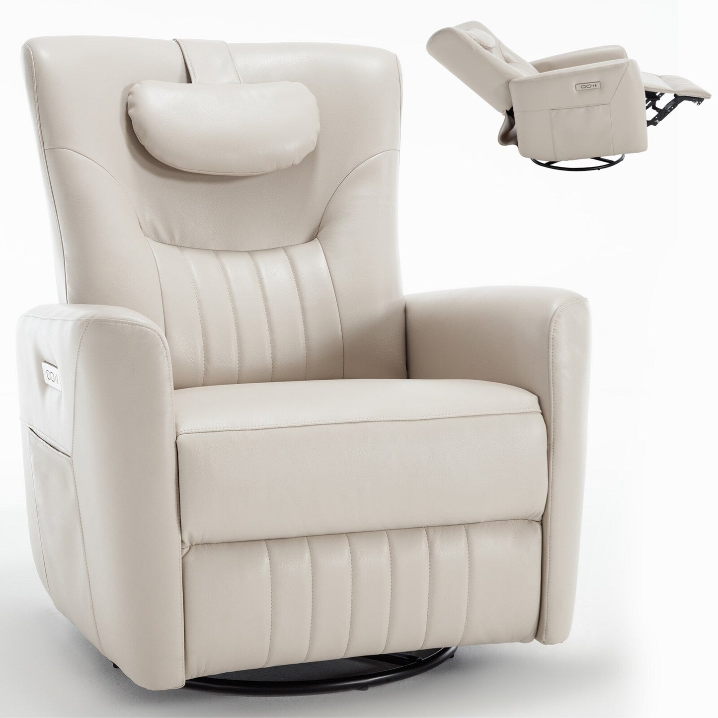 Beige Power Swivel Rocker Recliner with Lumbar Support and USB Ports