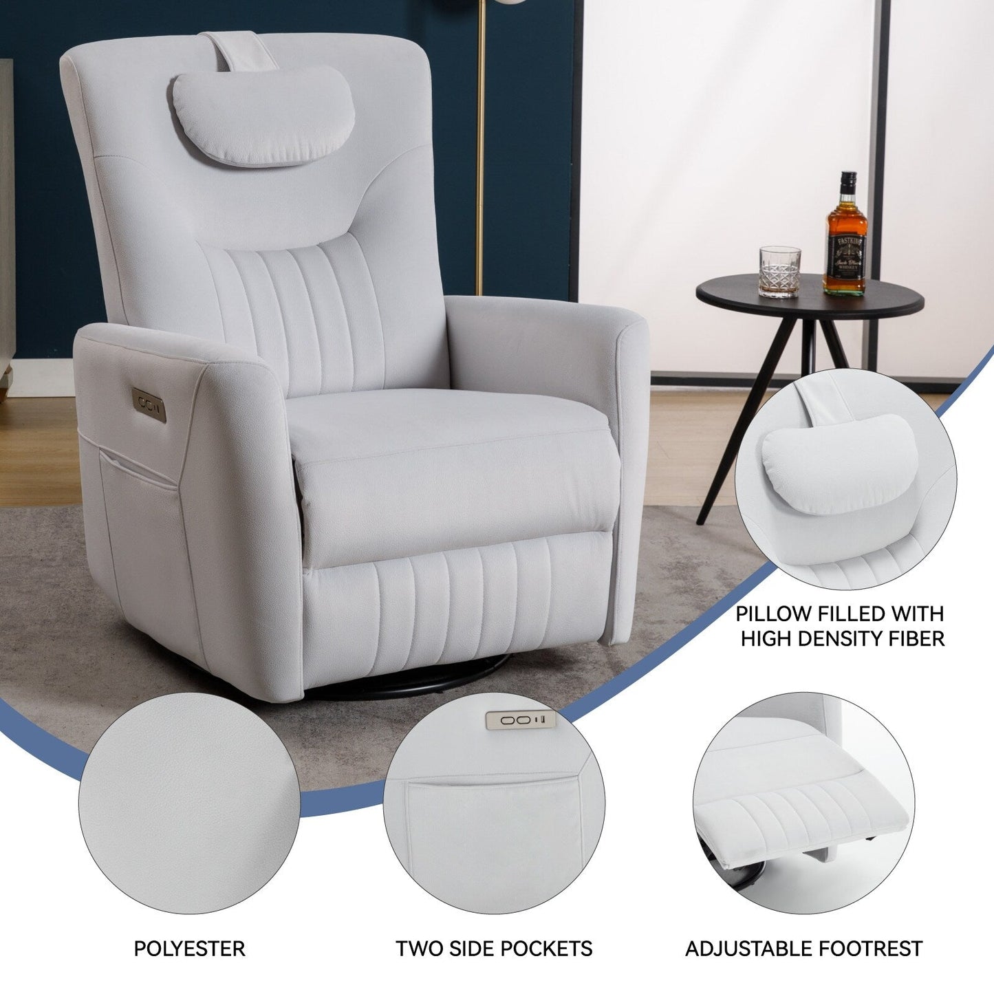 Beige Power Swivel Rocker Recliner with Lumbar Support and USB Ports