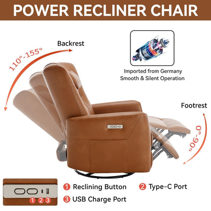 Beige Power Swivel Rocker Recliner with Lumbar Support and USB Ports
