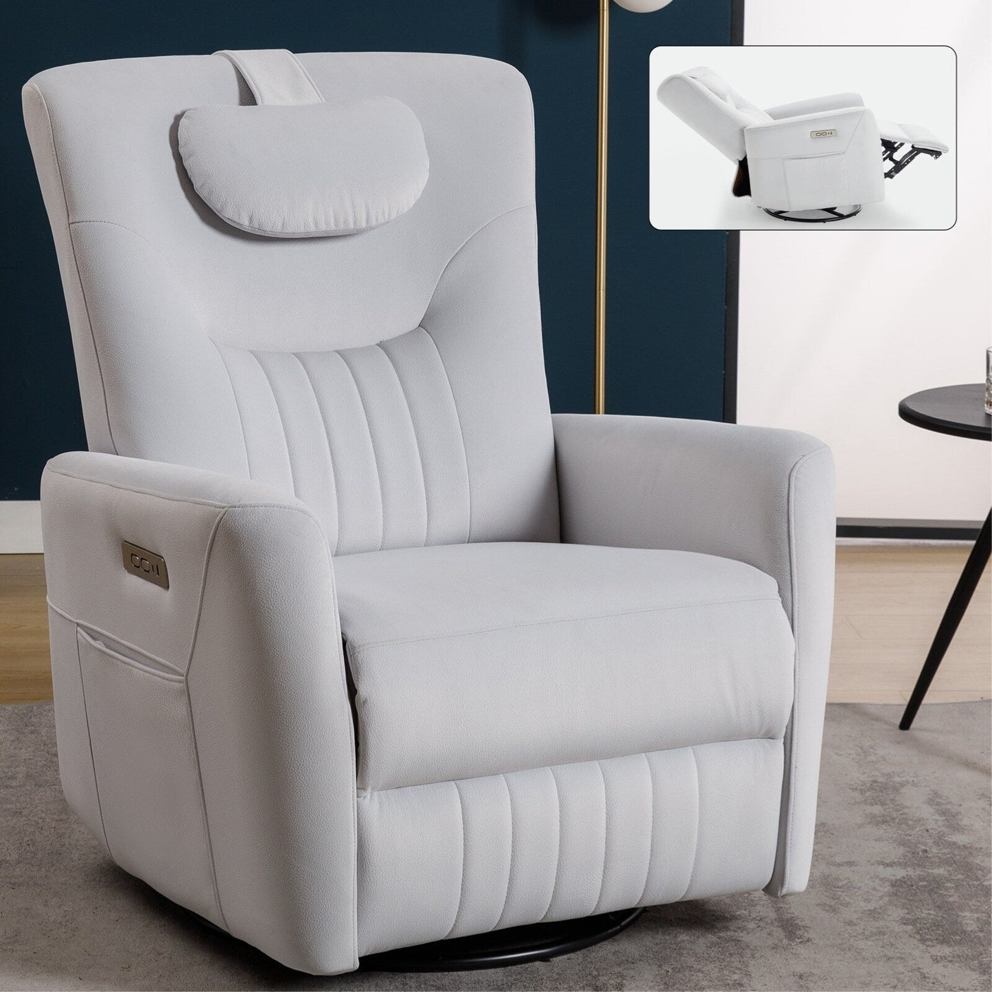 Beige Power Swivel Rocker Recliner with Lumbar Support and USB Ports