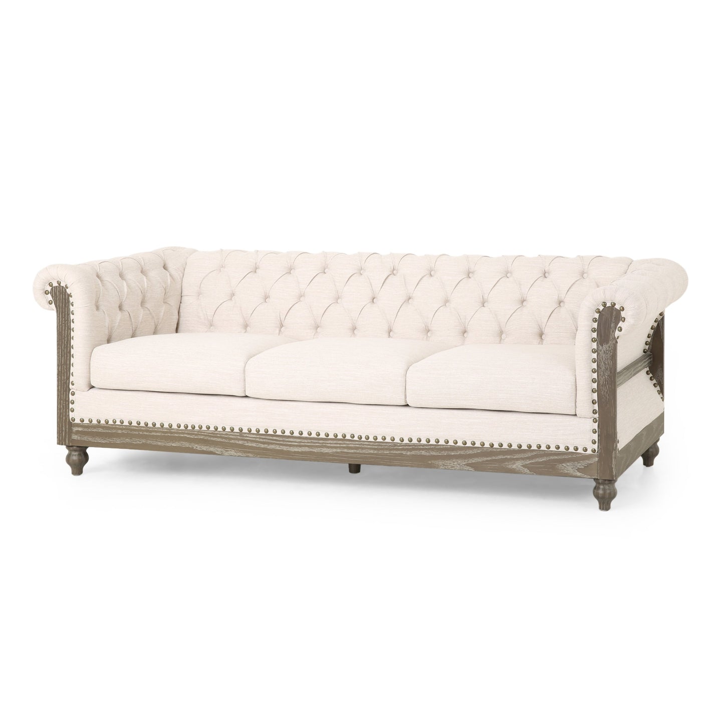 Beige Retro Style 85.5 Chesterfield Button Tufted 3-seater Sofa with Wood Legs for Living Room
