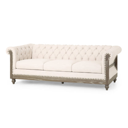 Beige Retro Style 85.5 Chesterfield Button Tufted 3-seater Sofa with Wood Legs for Living Room