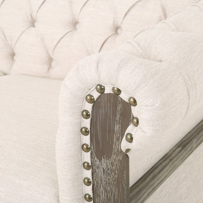 Beige Retro Style 85.5 Chesterfield Button Tufted 3-seater Sofa with Wood Legs for Living Room