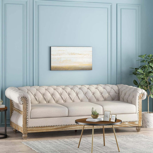 Beige Retro Style 85.5 Chesterfield Button Tufted 3-seater Sofa with Wood Legs for Living Room