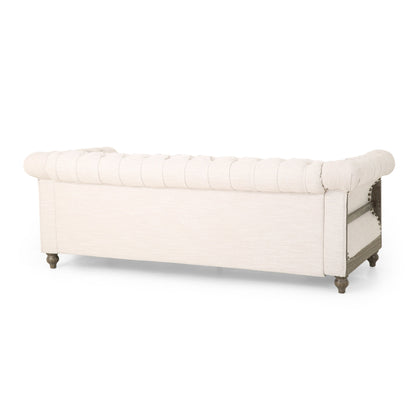 Beige Retro Style 85.5 Chesterfield Button Tufted 3-seater Sofa with Wood Legs for Living Room