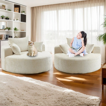 Beige Round Chenille Single Sleeper Sofa with Backrest Pillow
