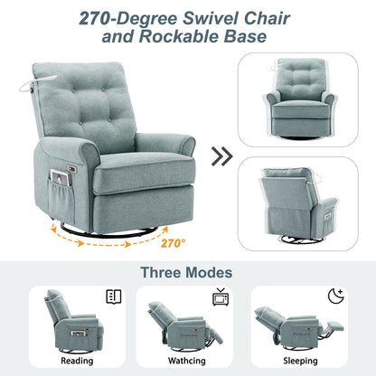 Beige Swivel Recliner with USB Ports & Rocking Base