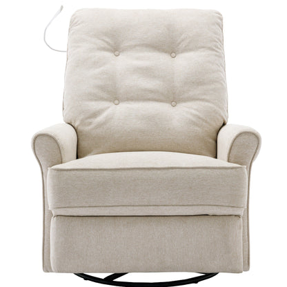 Beige Swivel Recliner with USB Ports & Rocking Base