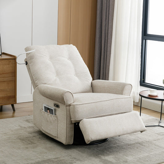Beige Swivel Recliner with USB Ports & Rocking Base