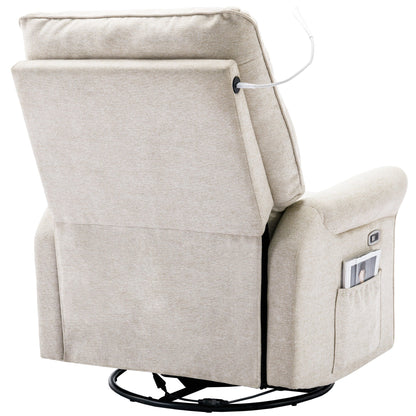 Beige Swivel Recliner with USB Ports & Rocking Base