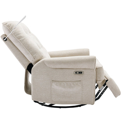 Beige Swivel Recliner with USB Ports & Rocking Base