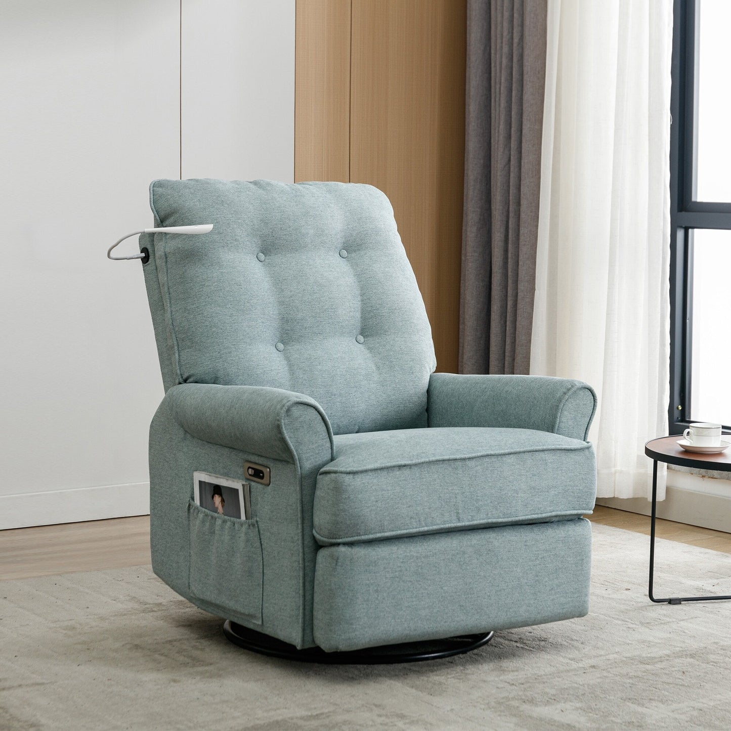 Beige Swivel Recliner with USB Ports & Rocking Base